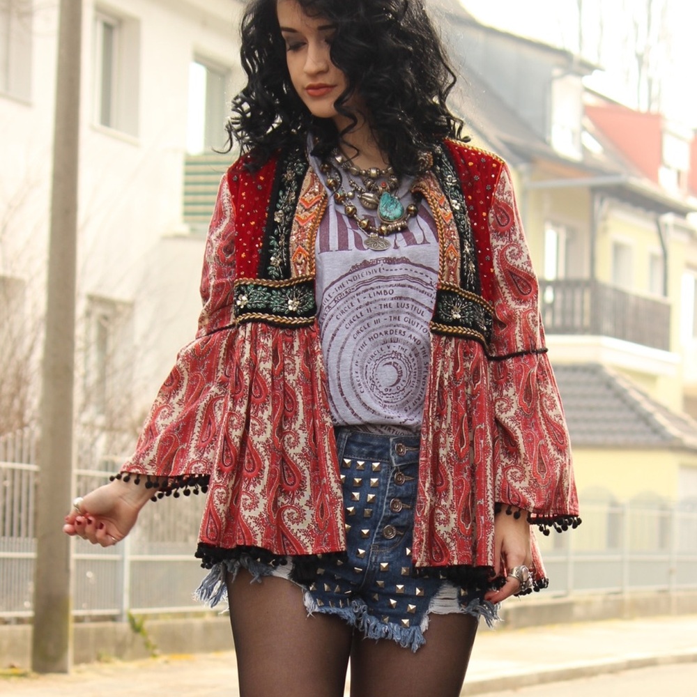 ZARA Paisley Velvet Embellished Boho Topper Jacket L Bell Sleeve Boho Maximalist - Picture 11 of 16
